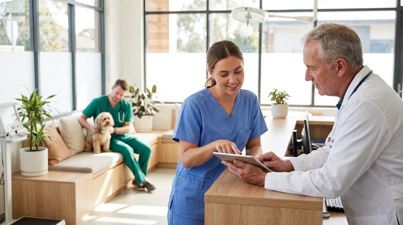 &Eacute;quipe v&eacute;t&eacute;rinaire collaborant dans une clinique moderne et lumineuse